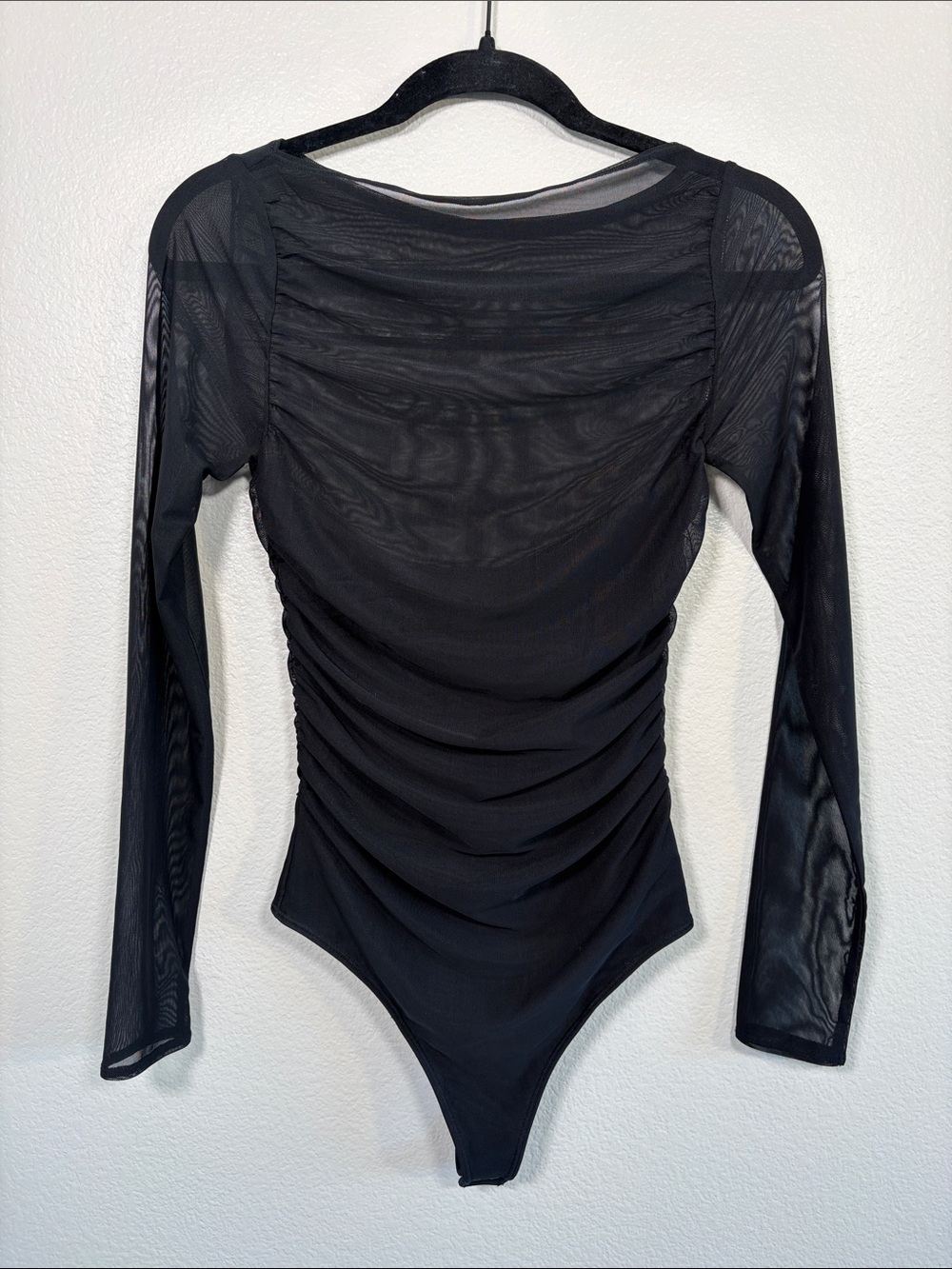 Abercrombie Mesh Layered Boat Neck Long Sleeve Bodysuit in Black - XS